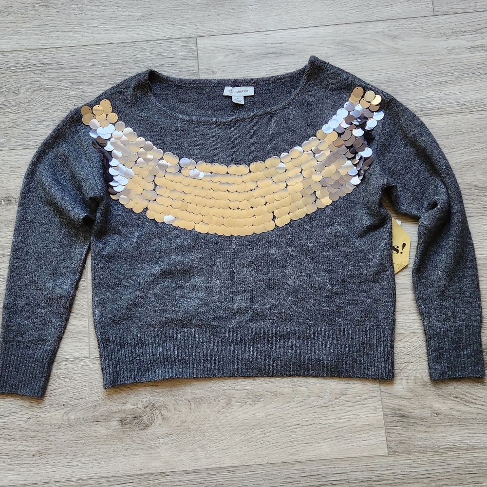 Calligraphie Gray Sweater Womens Small Sequins Long Sleeves Nwt